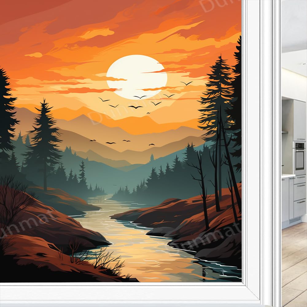 Rustic Sunrise Stained Glass Window Film Morning Mountain Forest River View Privacy Window Film Non-Adhesive Glass Film Decorative Static Cling Film for Home Office 45 x 60 cm