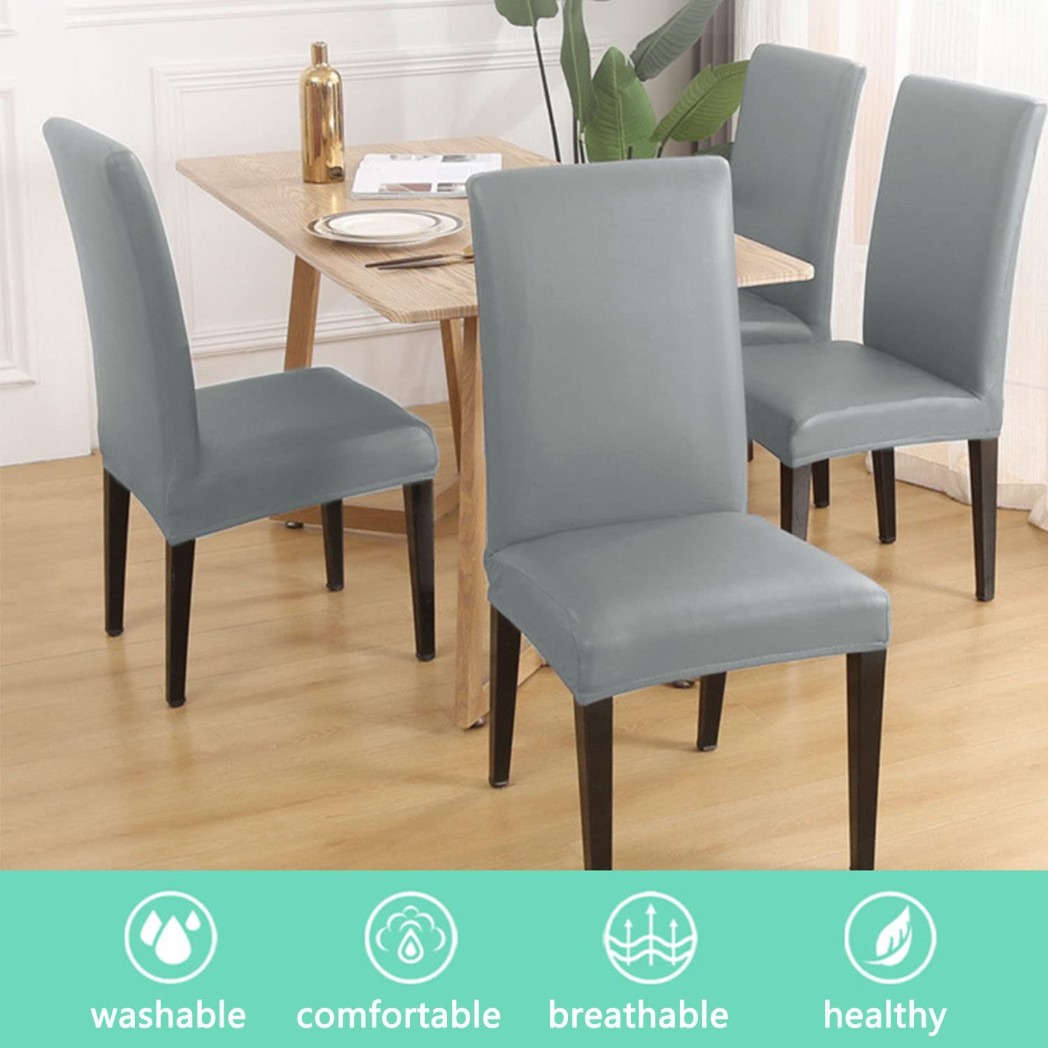 YOPOIY 2 4 6 Pack Stuhlhussen, Fest PU Leder Stuhlhussen für Esszimmerstühle Wasserdicht und ölfester Sitzschutz für Esszimmer Wohnzimmer Zuhause-Schwarz-6 STK