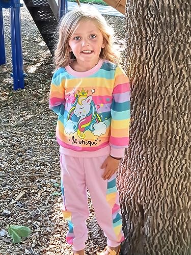 Image of Little Girls Unicorn Outfits 2 Piece Kids Ruffle Sleeve Sweatshirt + Leggings Fall Leopard Clothing Sets 2-10 Years