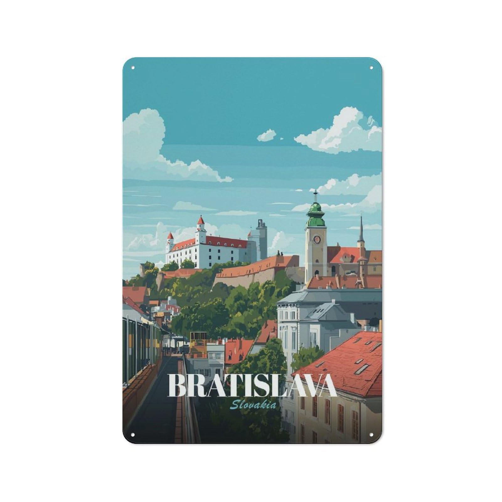 Junmoney Style-18 Bratislava, Slovakia Cityscape Illustration Rustic Tin Sign 30X20cm For Garden Room Or Summerhouse, For An Autumn Wall Display In Garden Room And Summerhouse