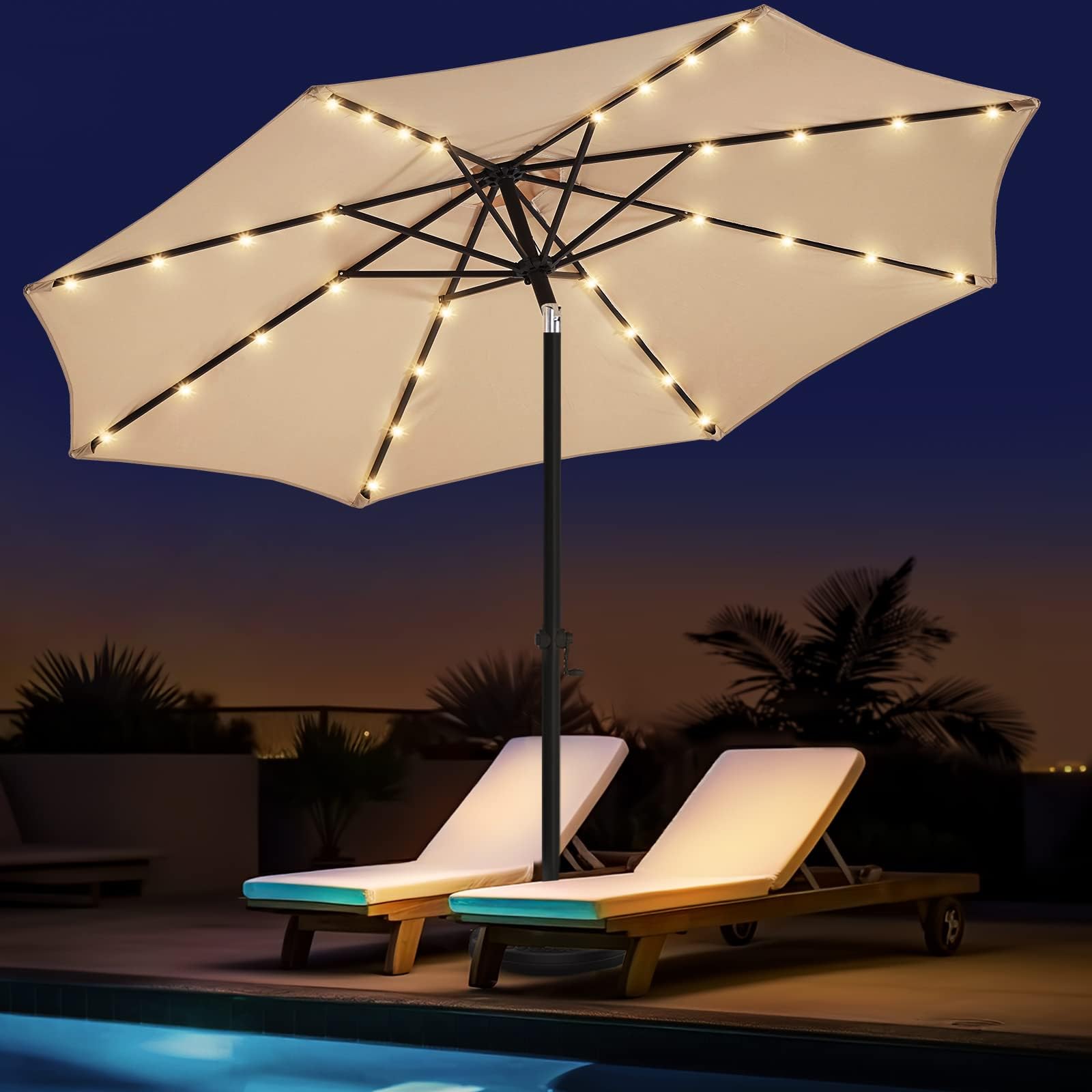 wikiwiki 10ft Solar Led Patio Umbrella, Sturdy Outdoor Market Umbrella for Deck, Pool, Garden w/Tilt, Crank, 32 LED Lights, Beige