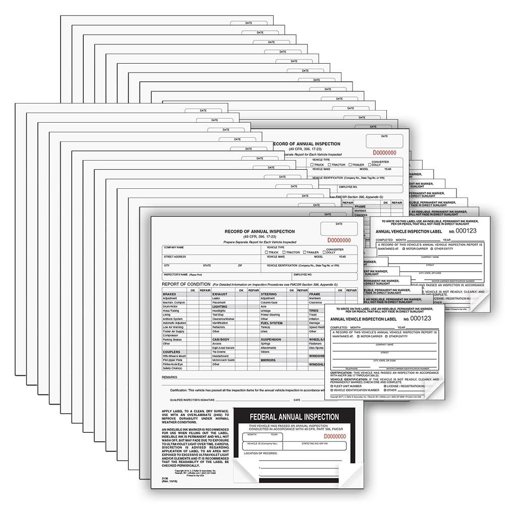 J. J. Keller 25-Pack, Record of Annual Inspection Form with Inspection Label & Prenumbered Vinyl Adhesive Label 2-Ply, 2-Ply Carbonless Form, DOT