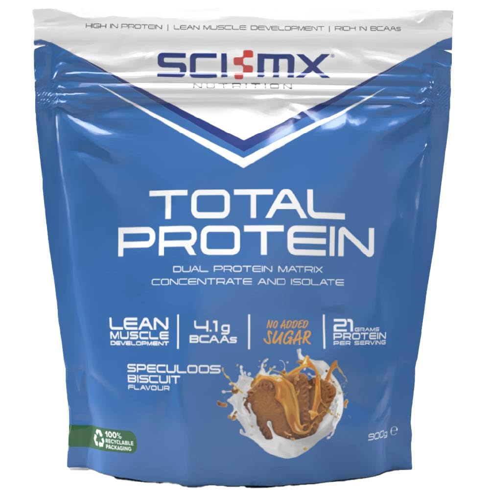 SCI-MX Total Protein - Concentrate & Isolate Protein Powder - Lean Muscle Development - Speculoos Biscuit • No Added Sugar • 4.1g BCAAs + 21g Protein per Serving • 900g