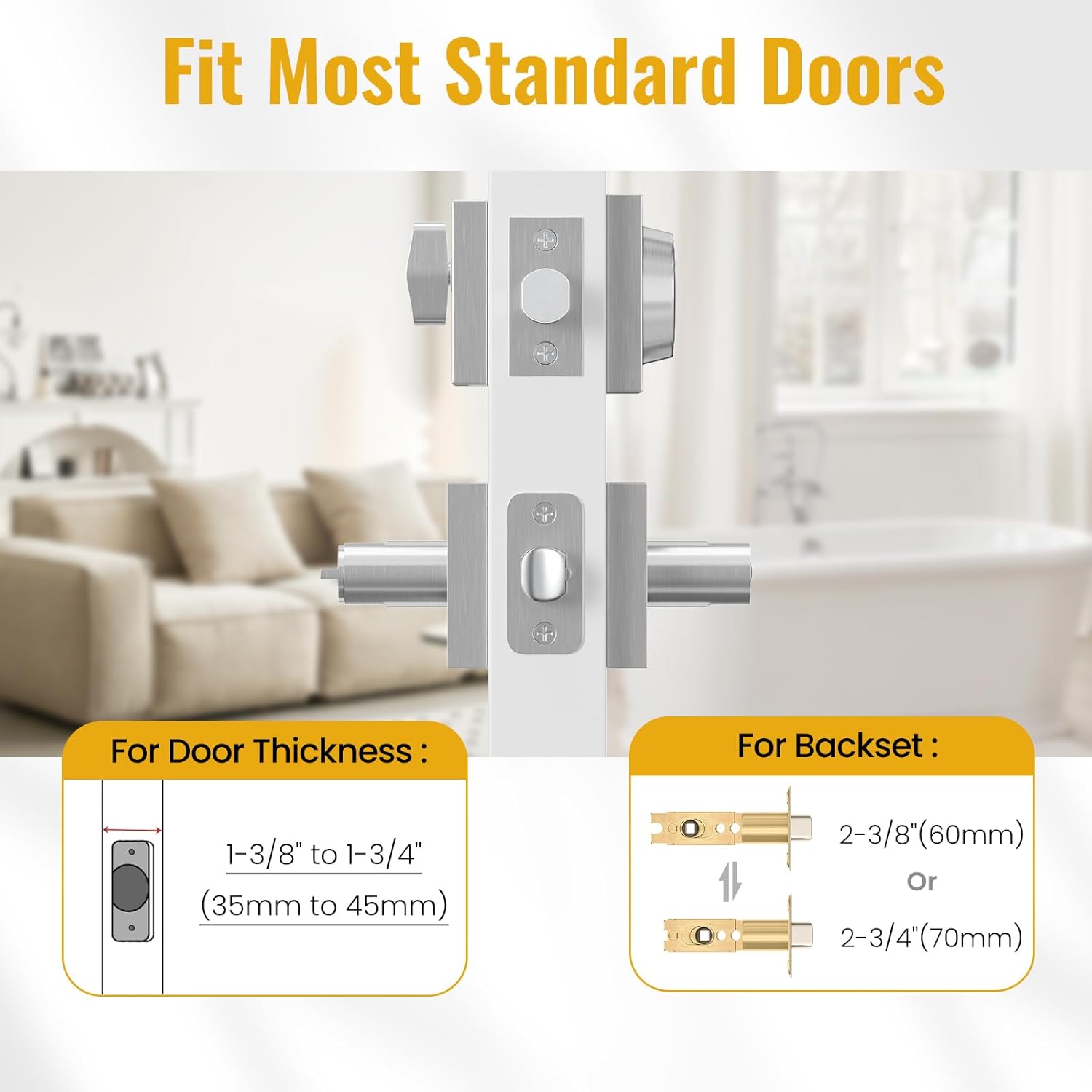 HOSOM Entrance Door Lock Set with Single Cylinder Deadbolts, Satin Nickel Heavy Duty Modern Sleek Square Door Handle with Lock & Keys on Both Sides, Keyed Alike