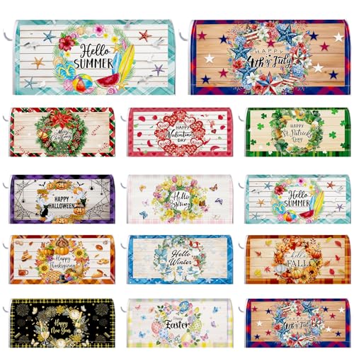 Image of Dispowreath 12 Pcs Seasonal Mailbox Covers Magnetic Standard Size 18 x 21 Inch Spring Summer Independence Day Wreath Magnetic Mailbox Covers for Garden Yard Outdoor Decor