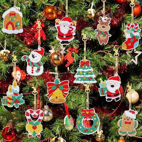 Guidre Christmas Diamond Art Painting Ornaments,12Pcs Diamond Art Ornaments, Diamond Painting 5D Keychains - Image 2