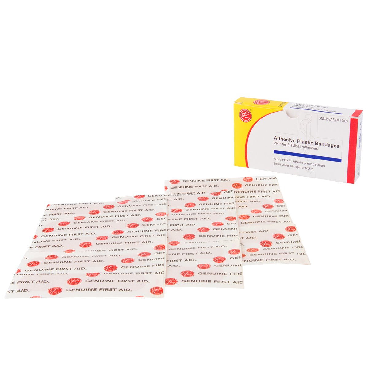 Genuine First Aid 3/4"x3" Plastic Adhesive Strips, 16/Box