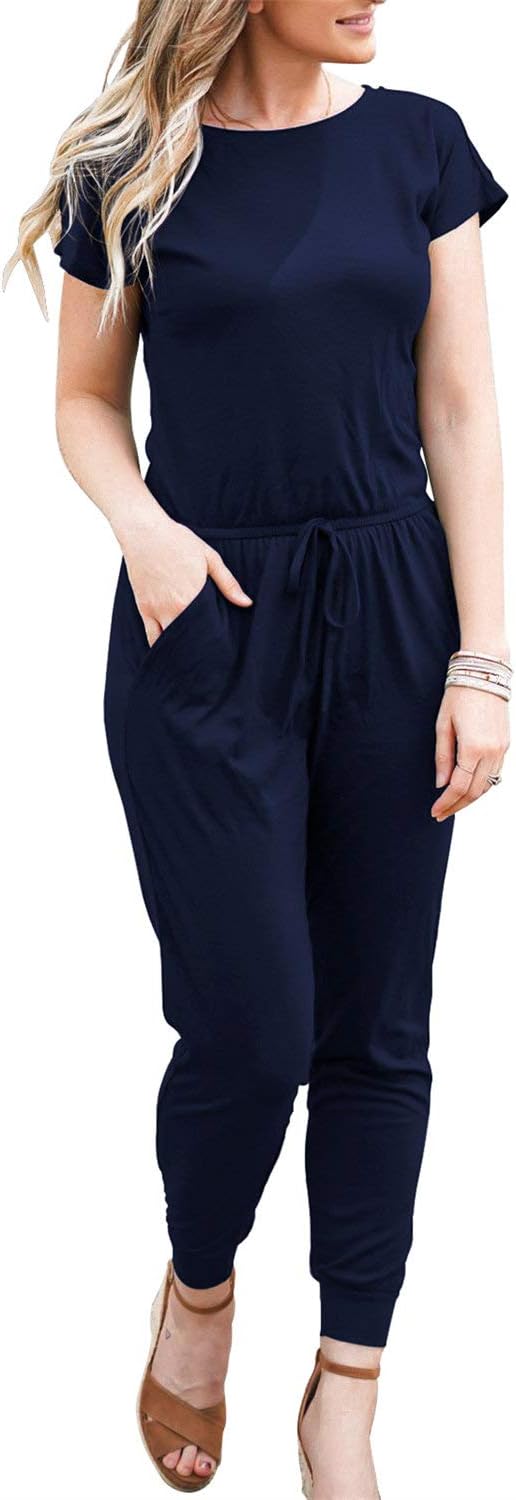 DouBCQWomens Casual Short Sleeve Jumpsuits Elastic Waist Jumpsuit with Pockets
