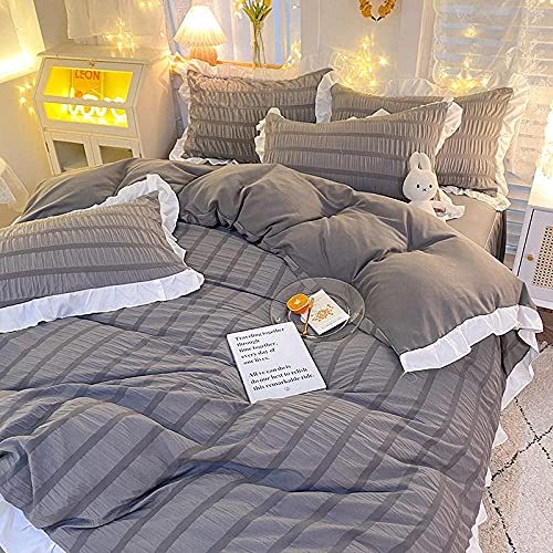 Wczdj Duvet Cover Set Gray Queen,Seersucker Quilt Cover Flat Bed Sheet Set, Home Pillow Case Textile For Girl Bedroom Apartment 1.5M Bed 150200Cm 4 Piece #TOP16