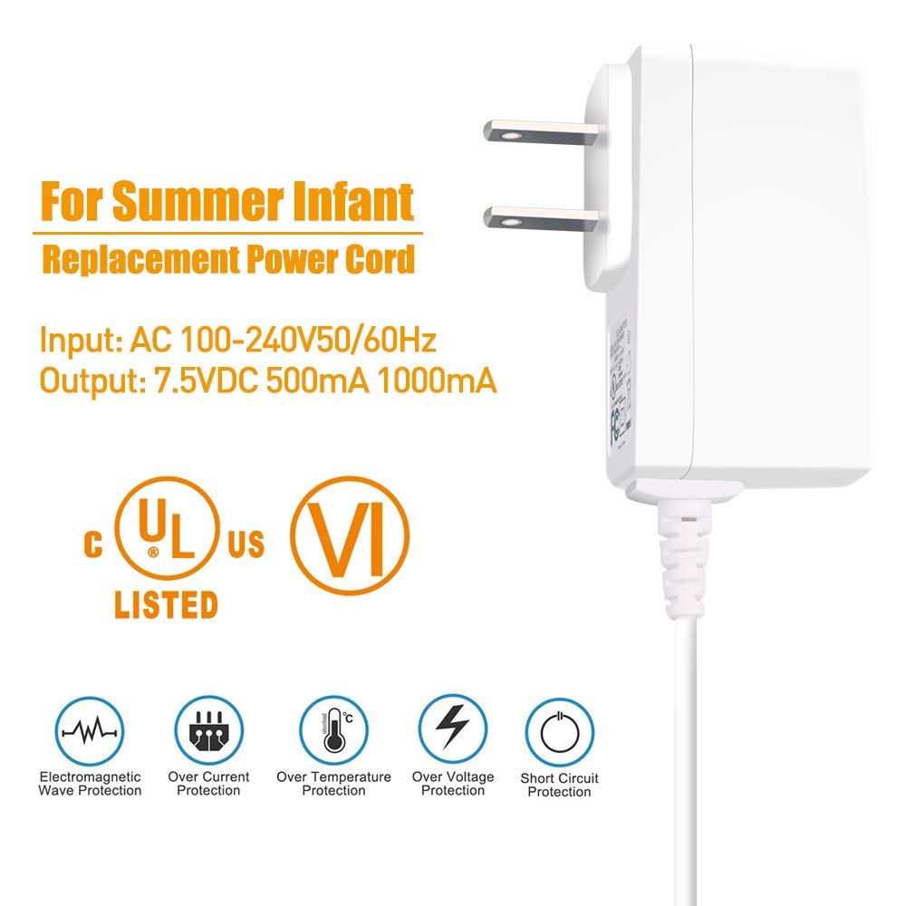 7.5V Power Cord for Summer Infant Models 28450 28630A 28680 28920 28970 28980 29000A 29270 29580-13 29890 ADN050750500 & Others, 7.5 Volt AC Adapter Charger, UL Listed 6.6fT : Electronics
