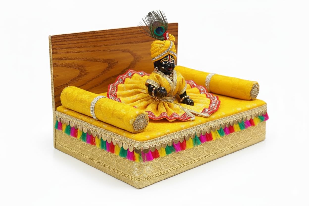 Velvet Luxury Singhasan for Laddu Gopal Ji | Premium Sinhasan with Soft Velvet Cushion for Kanha Idol Pooja Mandir | Decorative Style Gaddi Seat for Janmashtami,Temple & Gifting (Yellow)