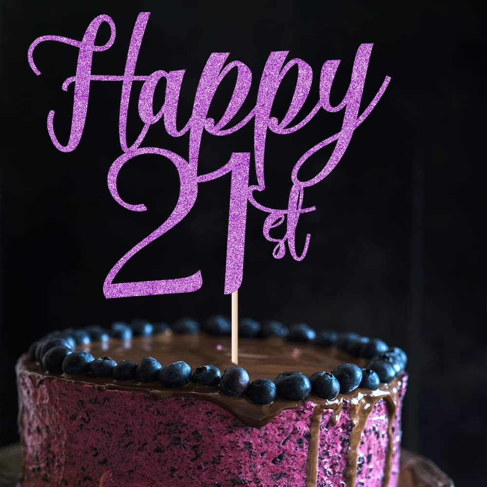 YUINYO Happy 21th Handmade Glitter happy birthday Cake Topper, Cheers to 21th birthday Cake Bunting Decor,Twenty-one Birthday Party Decoration Supplies (Purple)