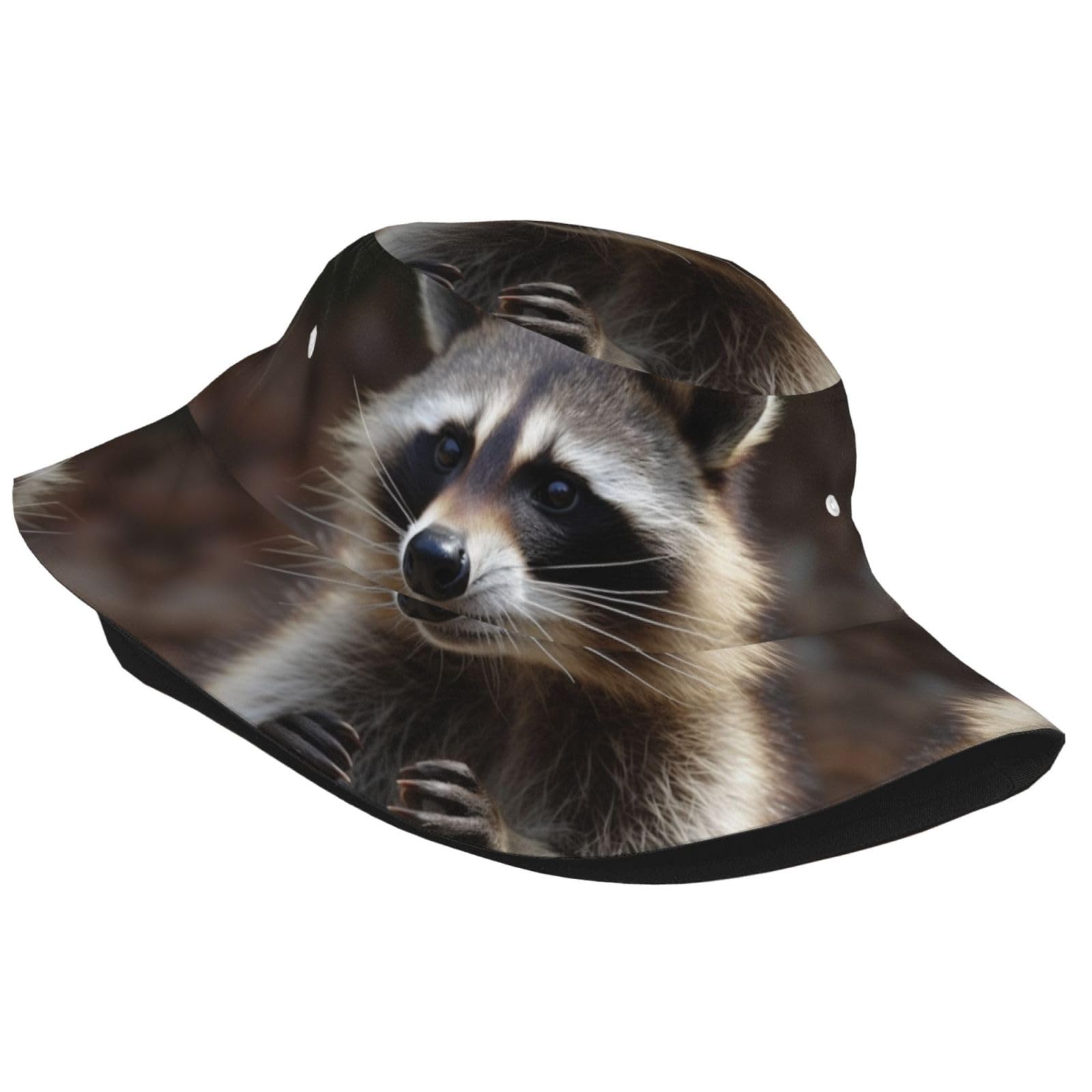 Unisex Cute Bucket Hat Summer Travel Fisherman Cap Raccoon Beach Travel Sun Hat Outdoor Cap Black
