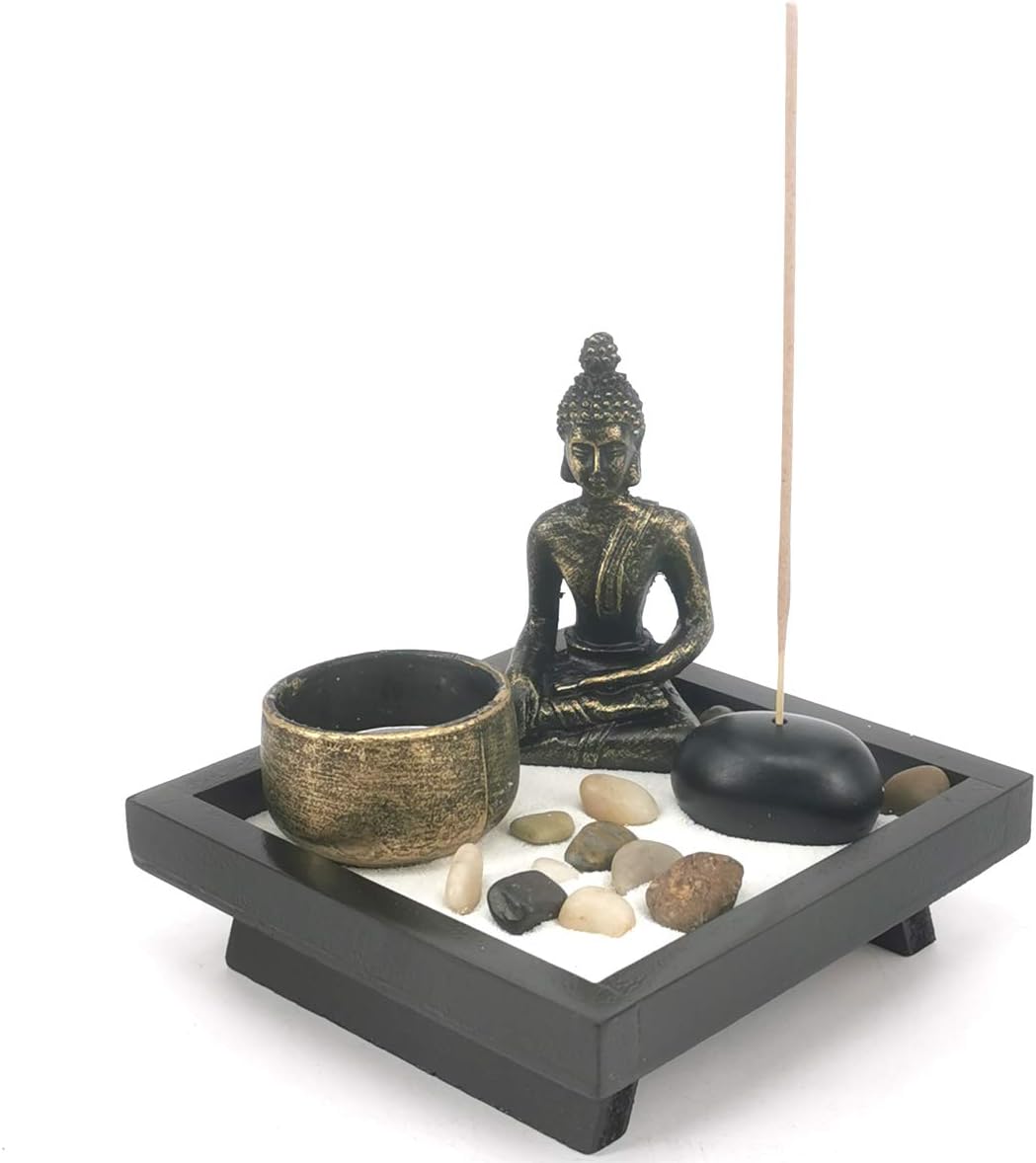 Desk Meditation Garden Buddha Statue Incense Stick Holder with Tealight Candleholder