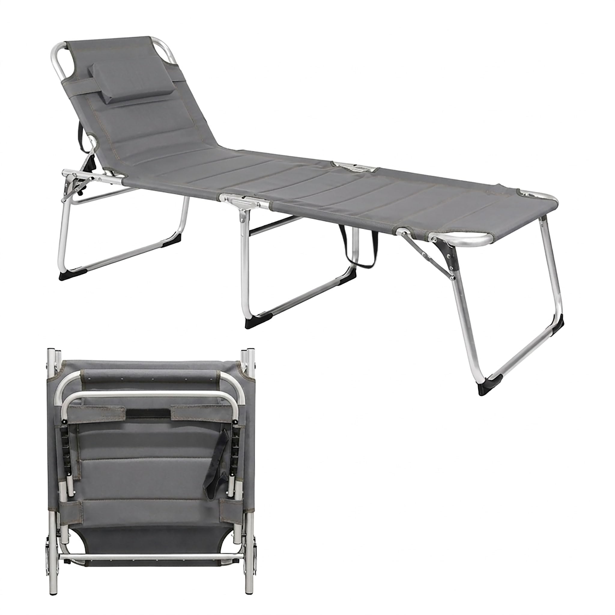 Spetebo Aluminium Gartenliege XXL Grau - 200 x 70 cm - mit Kopfkissen | Sonnenliege gepolstert,Liegefläche 199x70 cm, Belastbar bis 150 Kg