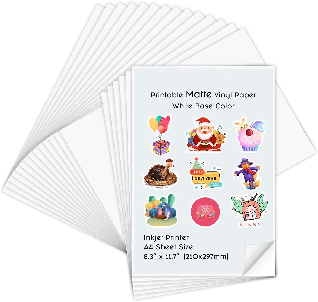 Printable Vinyl for Inkjet Printer, 20 Sheets Premium Matte White Printable Vinyl Paper,8.3"x 11.7"