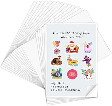 Printable Vinyl for Inkjet Printer, 20 Sheets Premium Matte White Printable Vinyl Paper,8.3"x 11.7"