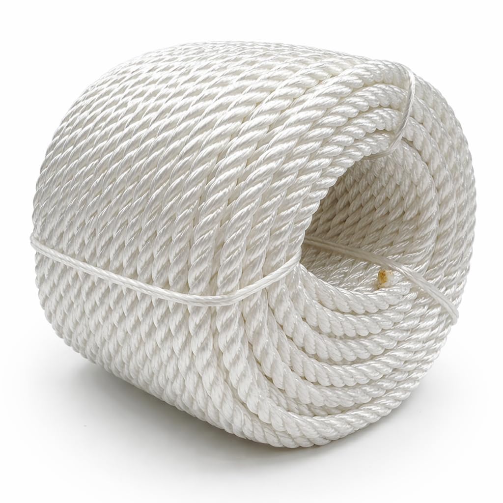 Heavy Duty Twisted PP/Polyester/Nylon Rope, Weather-Resistant &amp; Waterproof Rope for Pool, Marine, Camping, Household Use, Construction &amp; Rigging Applications (White, 1/4in X 98FT)