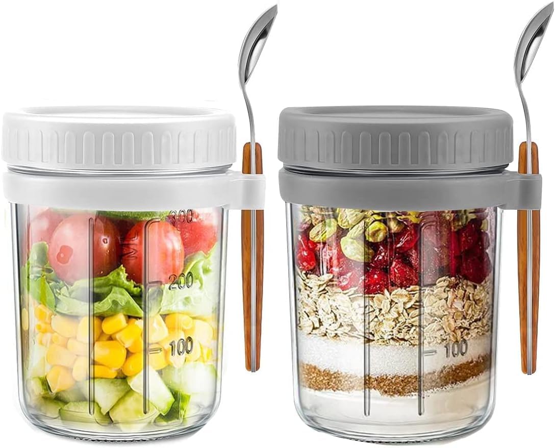 GGEROUOvernight Oats Jars with Lid and Spoon,2 Pcs Airtight Oatmeal Container with Measurement Marks,Glass Mason Jars with Airtight Lids for Cereal Yogurt and Parfait (350ml/12oz, Grey+White)