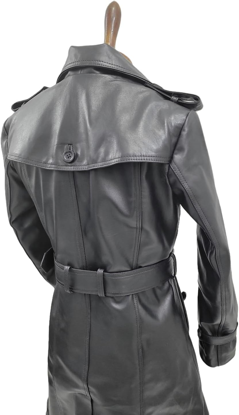 Women Designer Black Trench Leather Long Coat with Belt Trench Coat Slim Fit Style for Ladies - Image 7