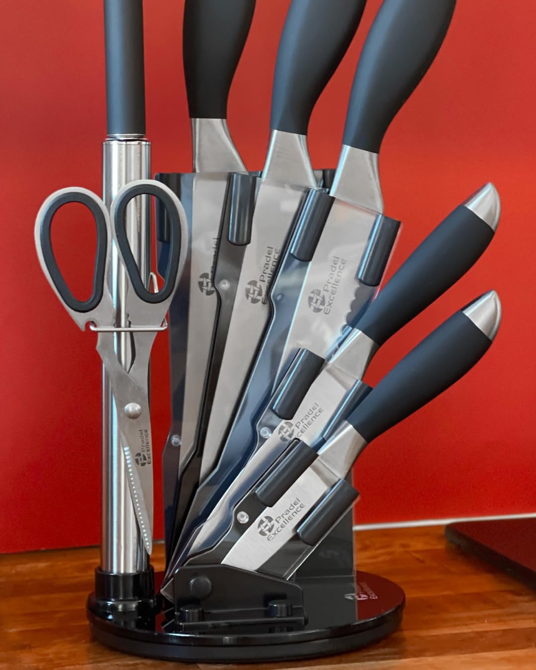 Pradel Excellence - PCOT001015 - Bloc Couteaux Inox Tournant Essentiels 7 Pièces - 5 Couteaux de Cuisine + 1 Paire de Ciseaux + 1 Fusil d'Affûtage - Lames Acier Inoxydable - Manches Soft-Touch