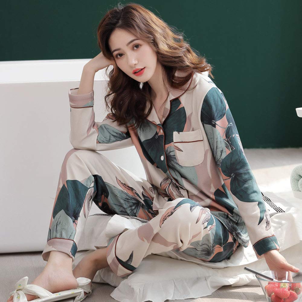 Pigiama Donna Corto - Pigiami Stampati Floreali in Cotone Pigiameria Stile Cinese Set Pigiami Casual da Donna A Maniche Lunghe Top Amp; Pantaloni Abbigliamento da Notte Accogliente Loungewear