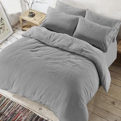 CASVO Teddy Fleece Duvet Cover & Pillowcase Set Super Soft Thermal Warm Quilt Bedding Cosy & Comfortable Fleece Duvet Covers Bed Bedding Set with 2 PC Pillow case (Silver, Double)