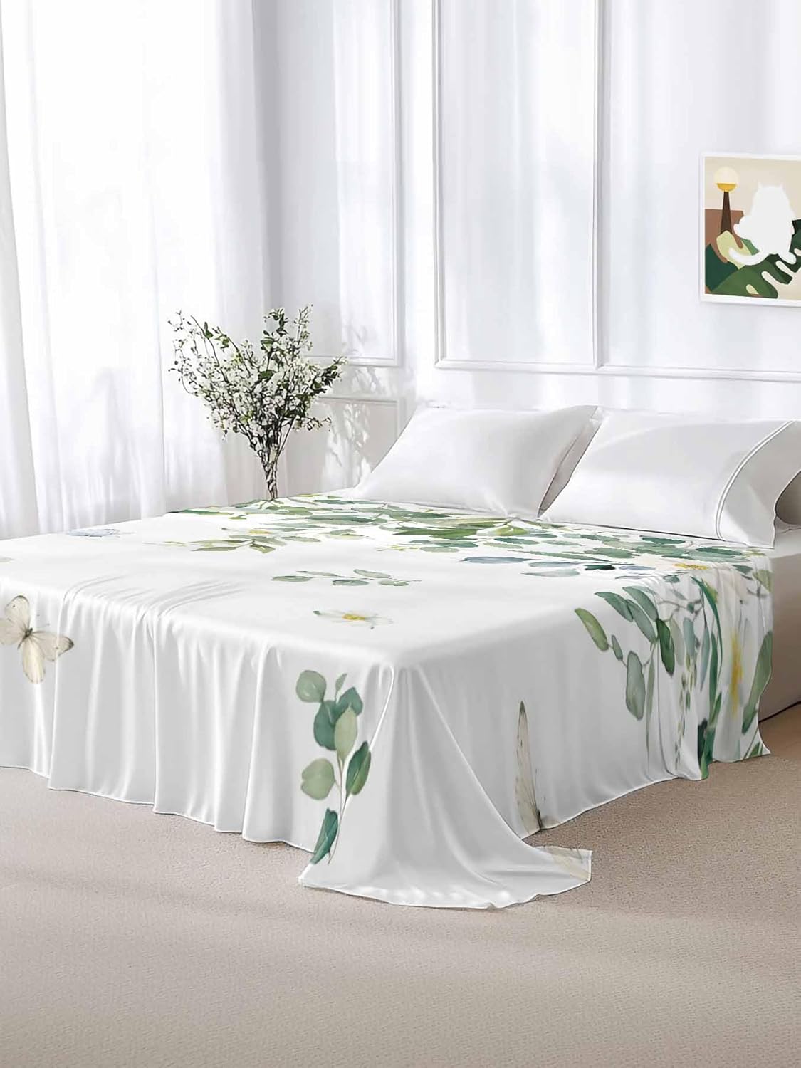 Top Sheet Twin XL Bedding Flat Sheet Only, Summer Eucalyptus Leaves Flowers Microfiber Bed Sheets Soft Breathable Bedding Flat Sheets, Country Floral Art Hotel Luxury Top Sheets