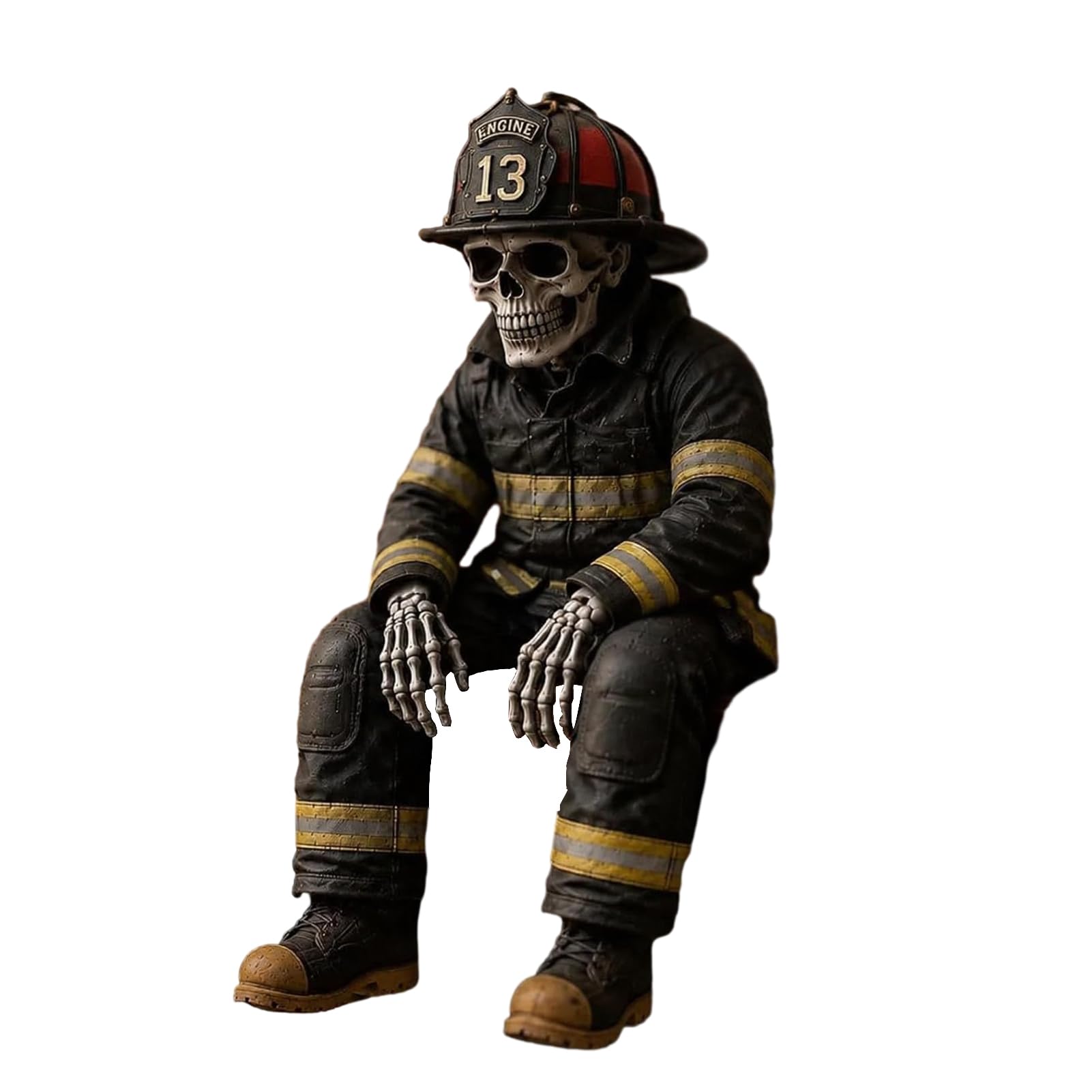 Pasisuu Firefighter Skeleton Shelf Sitter Statue Vintage Resin Figurine Dark Industrial Aesthetic Window Sill Ornament 5.9 Inch Hanging Legs Decor for Firefighters & Gothic Home Accent A