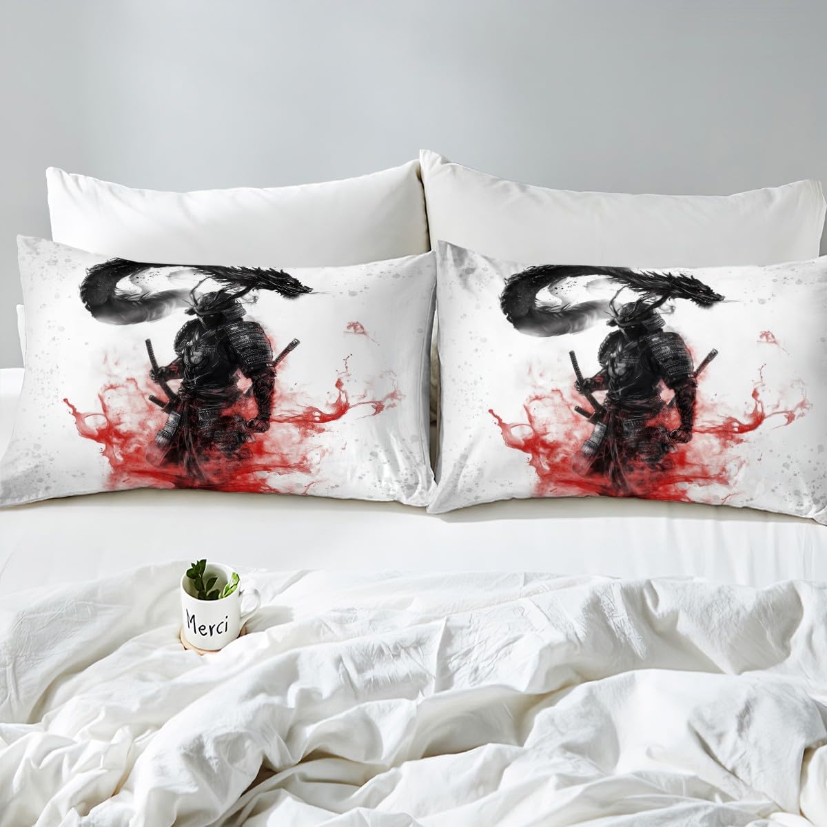 jejeloiu Japanese Samurai Fitted Sheet Twin Size Kids Dragon Bed Sheet Set for Boys Girls Teens Japanese Style Bedding Set Ink Painting Bed Cover Room Decor Bed Set