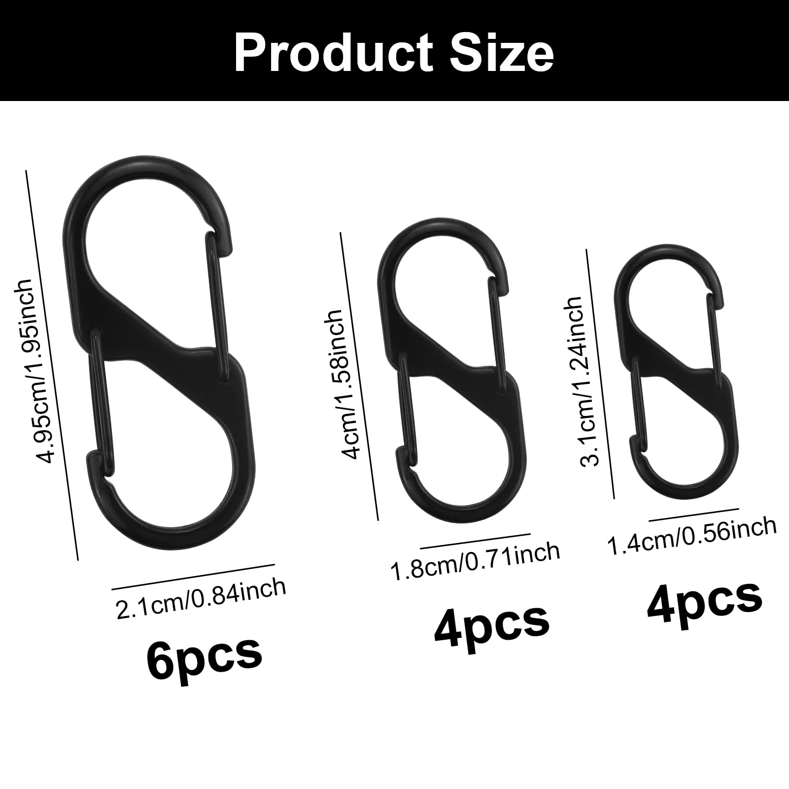 14 pezzi clip portachiavi a forma di S, moschettone piccolo, mini moschettone, nero, 30/40/50 mm, per zaini, borse, tende, sacchi a pelo, valigie, portachiavi