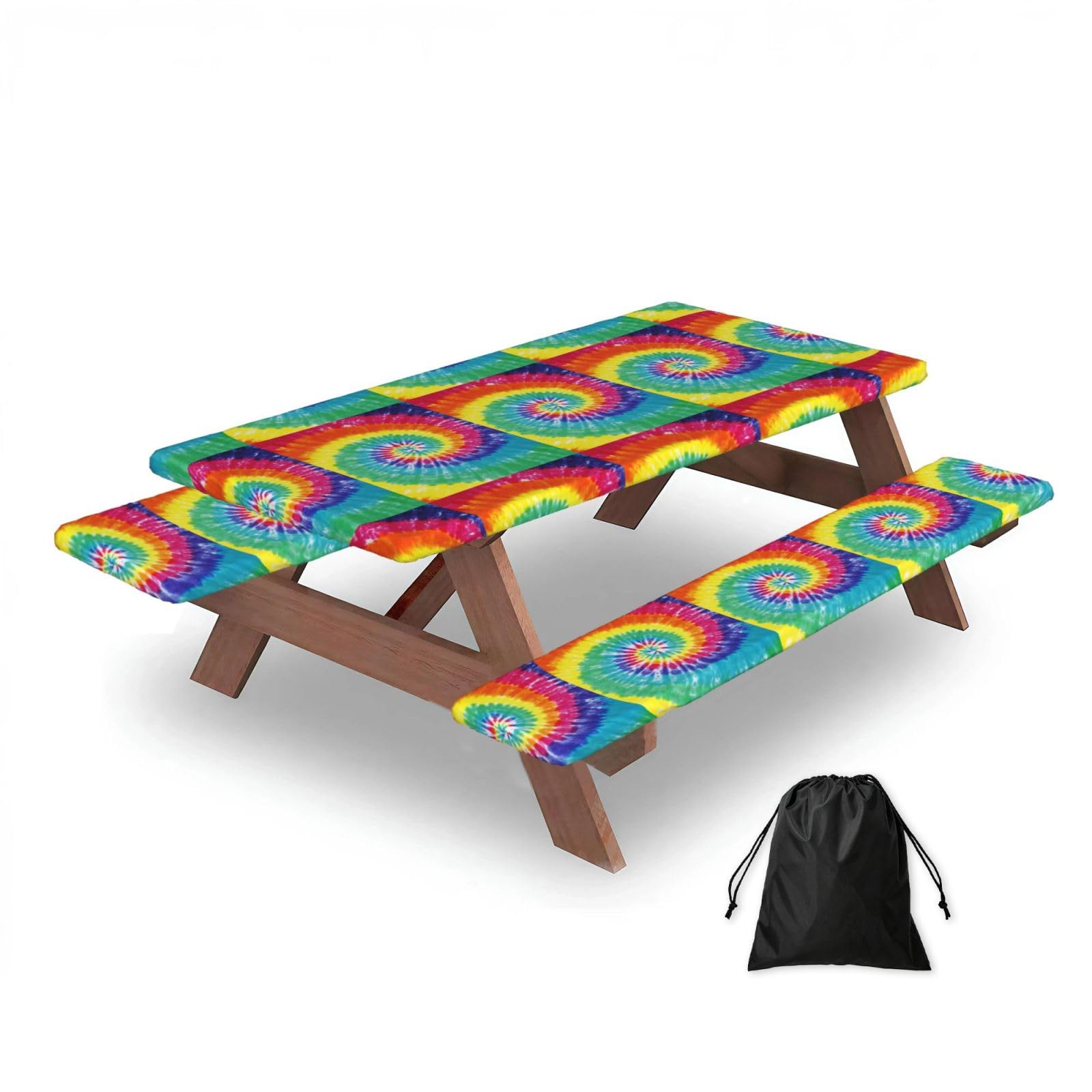 Rainbow Color Tie Dye, Picnic Table Cover With Bench Covers -Waterproof Elastic Fitted Tablecloth for Garden Camping Patio 76x152cm