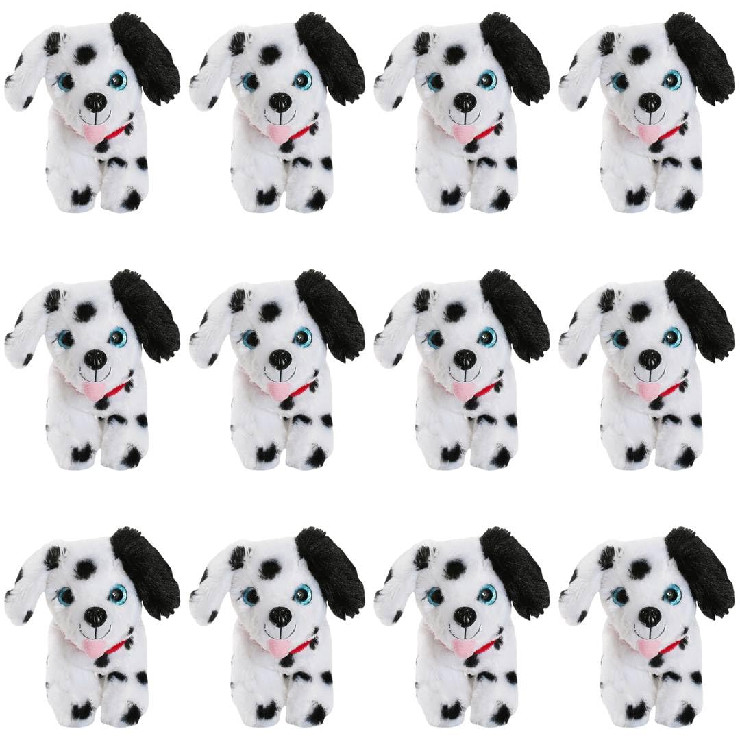 Dalmatian Dog Plush Toy - Pack of 12 - Cute Black & White Plushie Toy Dog with Glittery Eyes - TV Movie School Book Week World Book Day Fancy Dress Costume Accessory