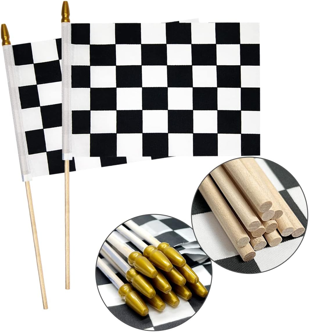 2Pcs 8x12 Inch Checkered Flags Black and White Racing Flags on Stick, Formula One F1 Racing Hand Held Stick Flag with Kid-Safe Spear Top, Children's Party Decoration