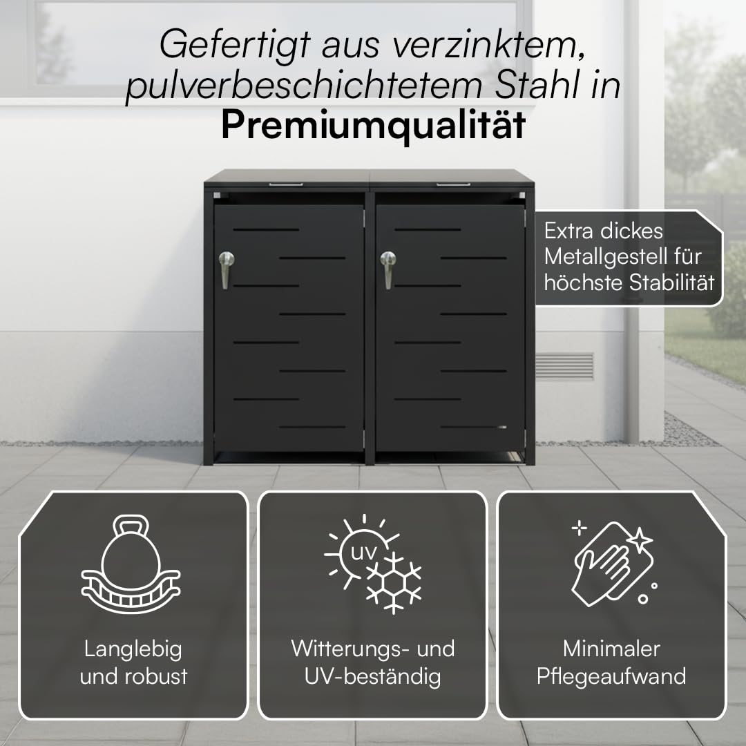 STEELSØN Diorus Mülltonnenbox 2er 120L abschließbar – Hochwertige Mülltonnenverkleidung für 2 Tonnen – Müllbox Stahl – Müllcontainer Schwarz - Mülltonnen Box wetterfest – Gerätebox mit Schloss