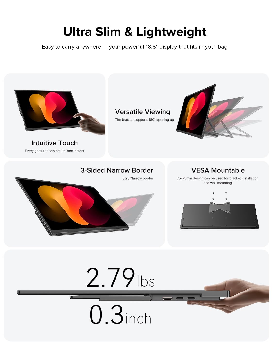 UPERFECT 18.5" Przenośny Monitor Dotykowy 120Hz Monitor do Gier, 10 Punktów Dotykowych FHD HDR FreeSync, Regulowany 180 ° Wsparcie i VESA, Drugi monitor podróżny do laptopa, PC i konsol do gier