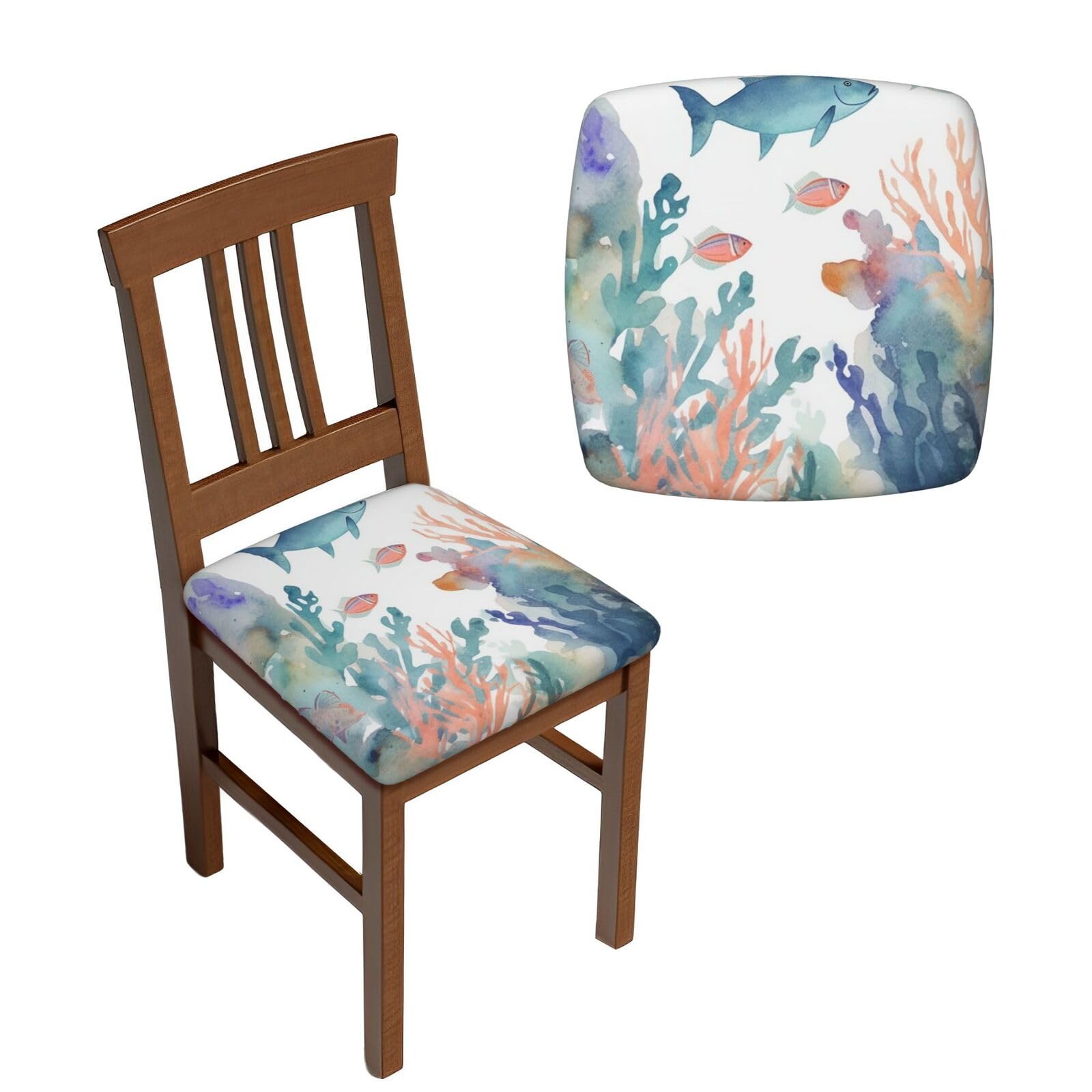 NONHAI 6PCS Dining Chair Seat Covers Set Watercolor Fish and Coral Stretch Removable Chairs Covers Washable Seat Cushion Slipcovers Protector for Dining Room Kitchen Chairs
