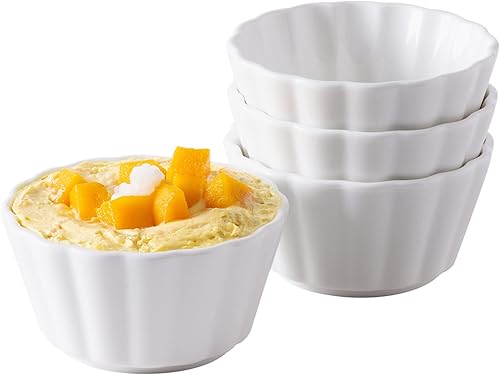 Ramekins - Juego de 4 tazas de porcelana aptas para horno de 12 onzas, aptas para lavavajillas y microondas, tazas de condimentos en forma de flor,