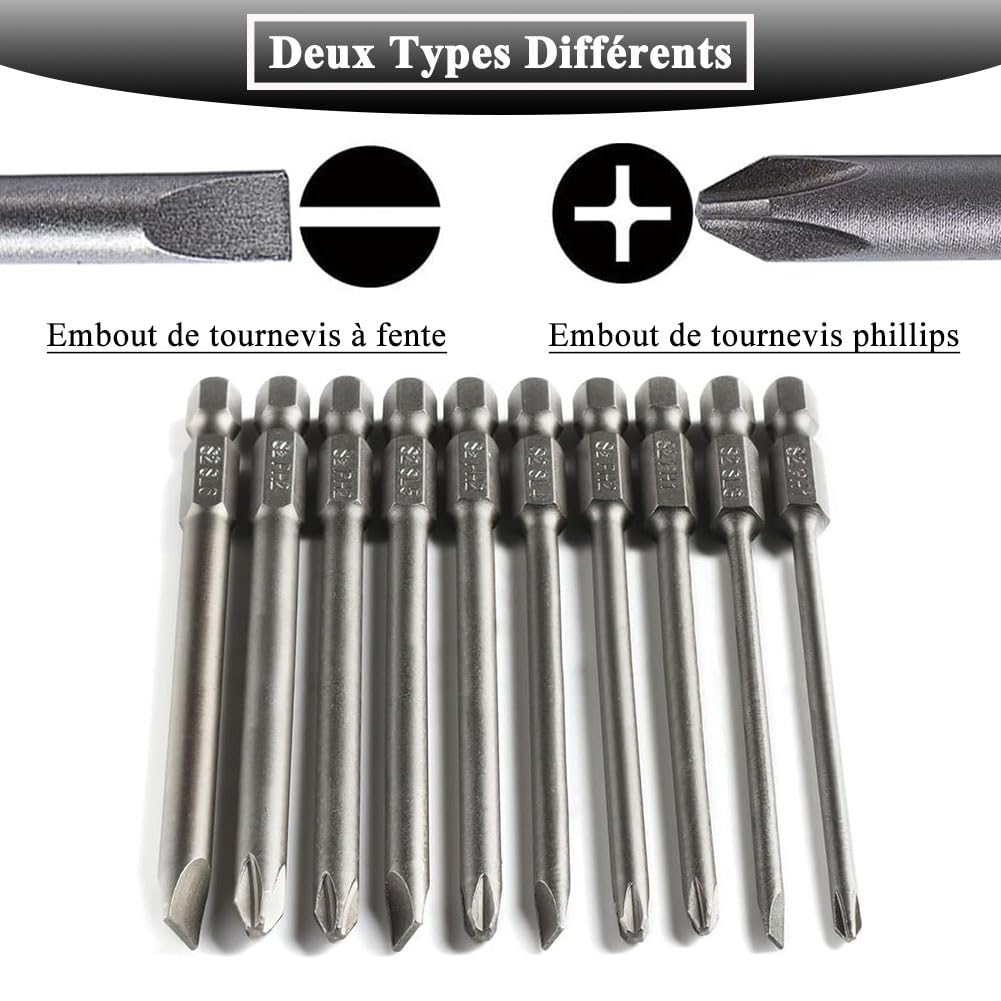 10pcs 1/4-Pouce Hex Tige 50mm Long Phillips 2PH1 Magnétique