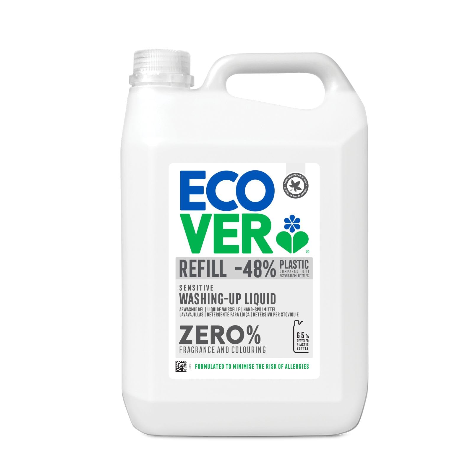 Ecover Zero - Recambio de detergente líquido para lavavajillas, resistente contra la grasa y la suciedad, dermatológicamente probado, Ecover 1 x 5L