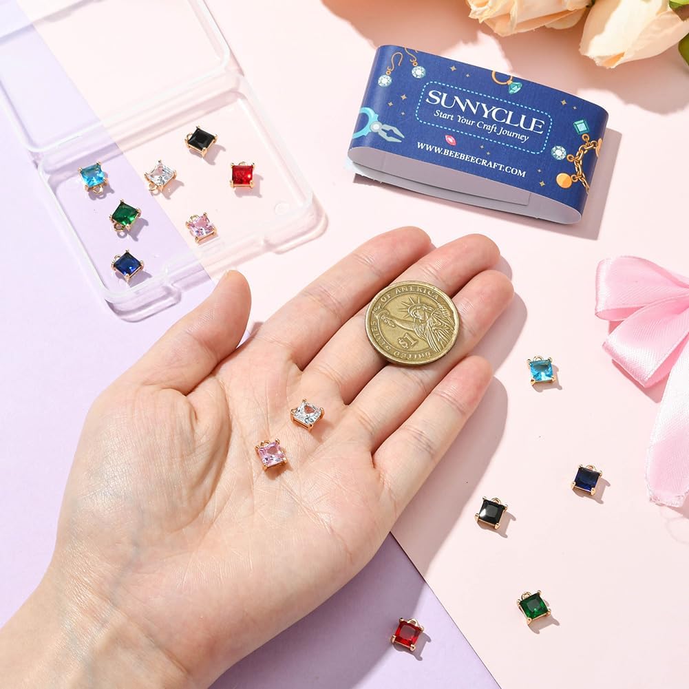SUNNYCLUE 1 Box 14Pcs 7 Colors Crystal Birthstone Charms Gold Square Crystal Charms Bulk Brass Micro Pave Tiny Rhinestone Cubic Zirconia Pendants for Jewelry Making Earring Necklace DIY Craft Supplies - Image 4