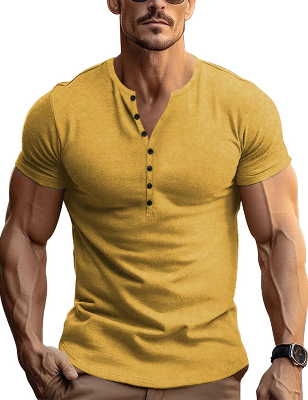 Gnvviwl Retro Henley Shirts for Men Short Sleeve Distressed Casual Button Slim Fit Tee Shirts