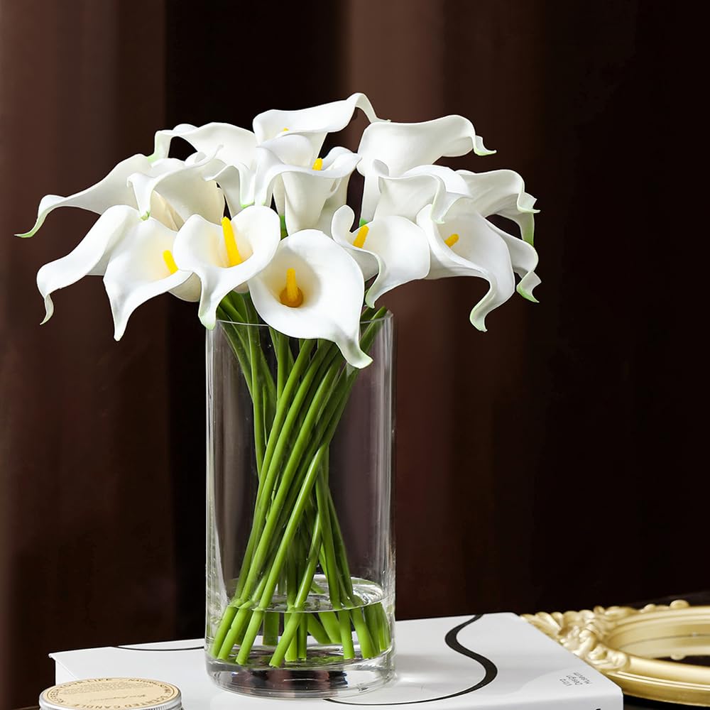 Künstliche Calla-Lilien in Vase mit künstlichem Wasser, künstliche Blumenarrangements in Vase für Heimdekoration, Hochzeitstisch, Weiß, 20 Stück