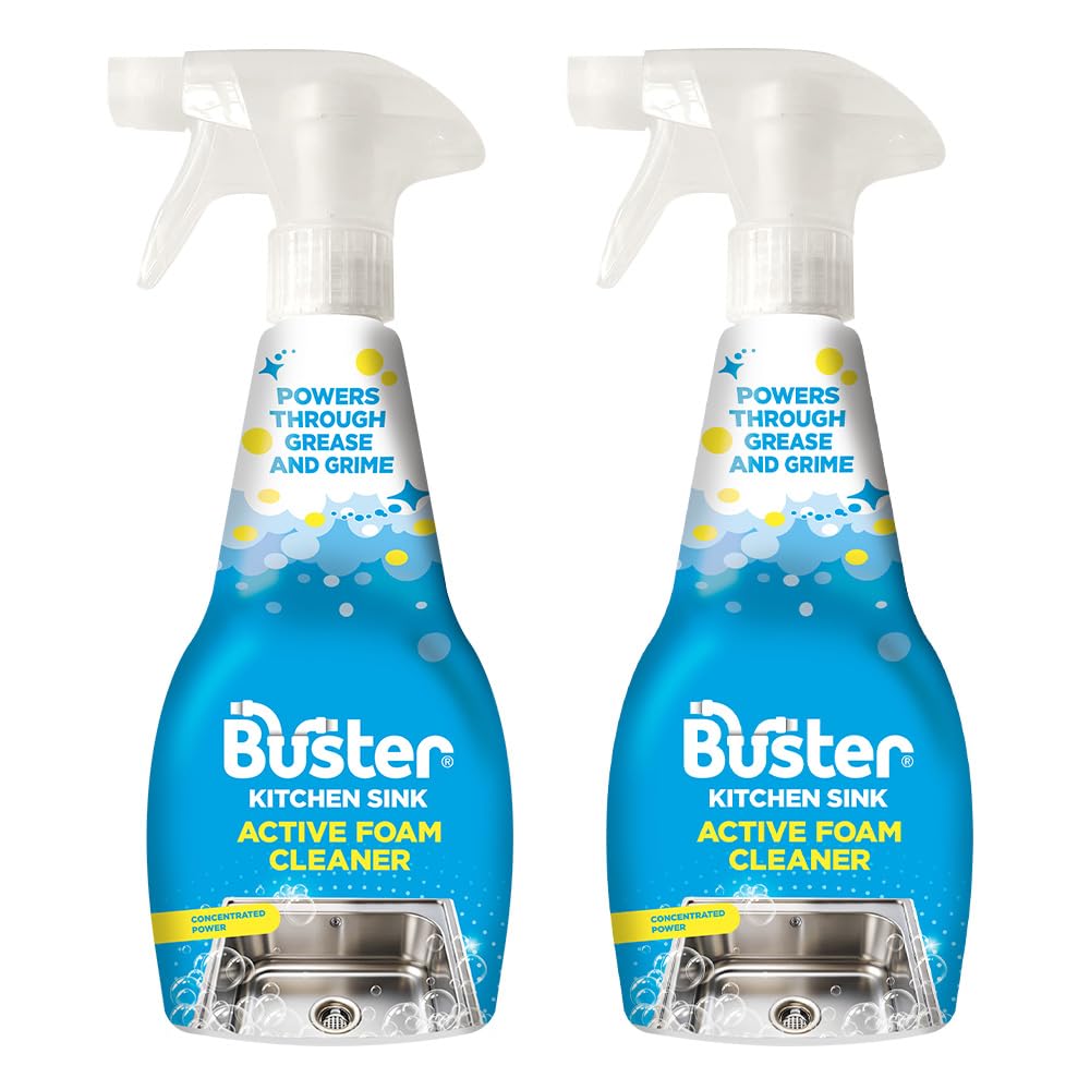 Buster Active Foam Kitchen and Bathroom Cleaner Spray (Pack of 2 x 500ml) Removes Limescale, Stains and Odours, Kitchen and Bathroom Descaler Foam Spray for Sinks, Plugholes and Drains - Made in UK