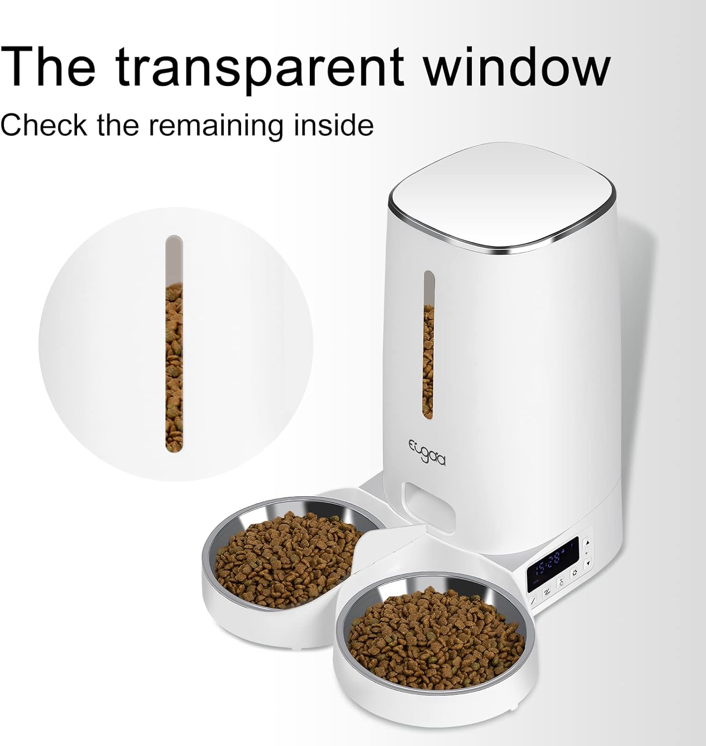 Transparent window of the feeder showing dry pet food inside