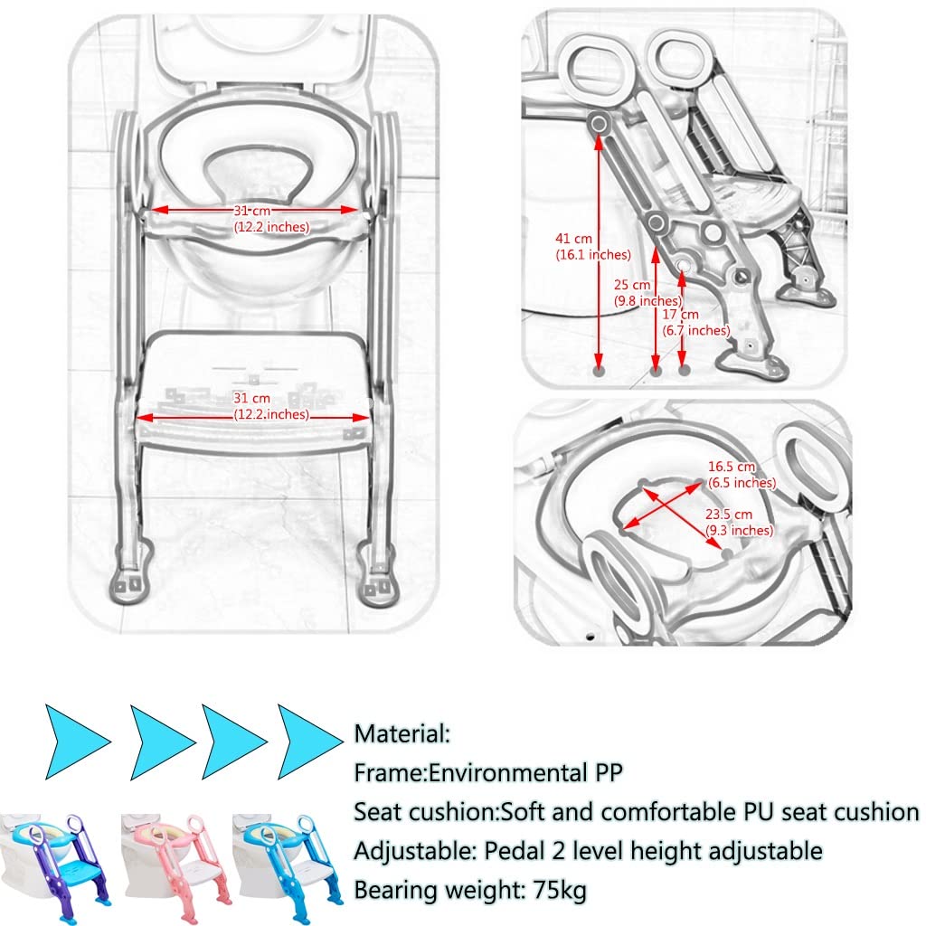 Asiento De Inodoro con Escalera Plegable Ajustable Reductor WC con Escalera con Cojín De Asiento De PU, Seguro Y Estable Adaptador para Inodoro para Niños Y Niñas, Cargar Los Portes 75kg