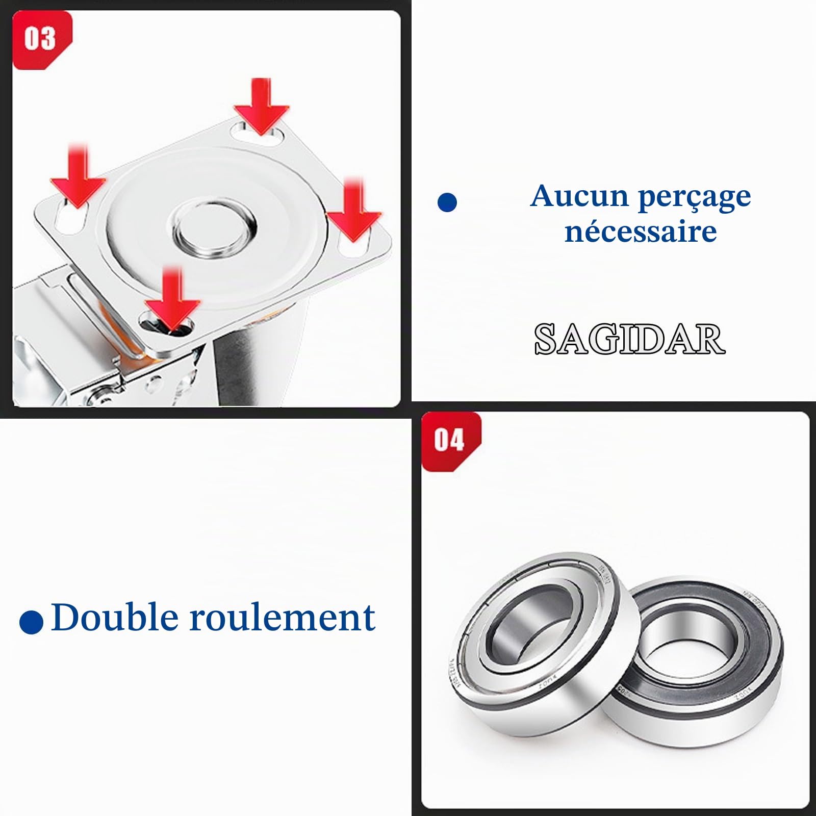 SAGIDAR Industrielle Pneu Gonflable, 4pcs Roulette Pivotante en Caoutchouc, Roue Increvable, Chariot Pneu Ø 15cm/20cm/25cm, Facile À Installer, Roues De Remplacement pour Tables De Travail