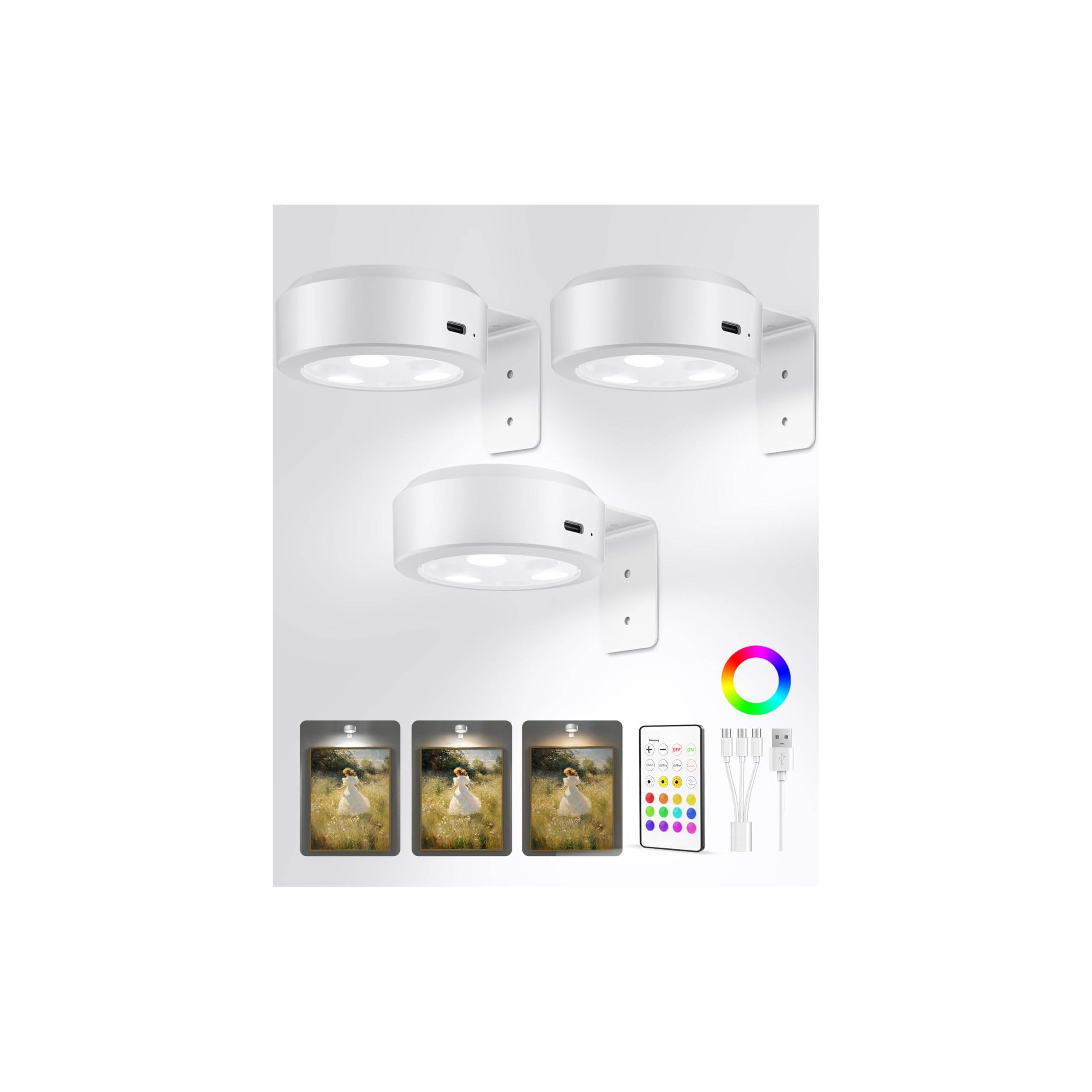 Photo 1 of EZVALO Picture Lights for Wall, 2000mAh Rechargeable Battery Magnetic Poster Lights with 3 Color Temps & 12 RGB, Remote Dimmable Timer Painting Light, Wall Decor Light for Art Display, Frame (3 Pack)