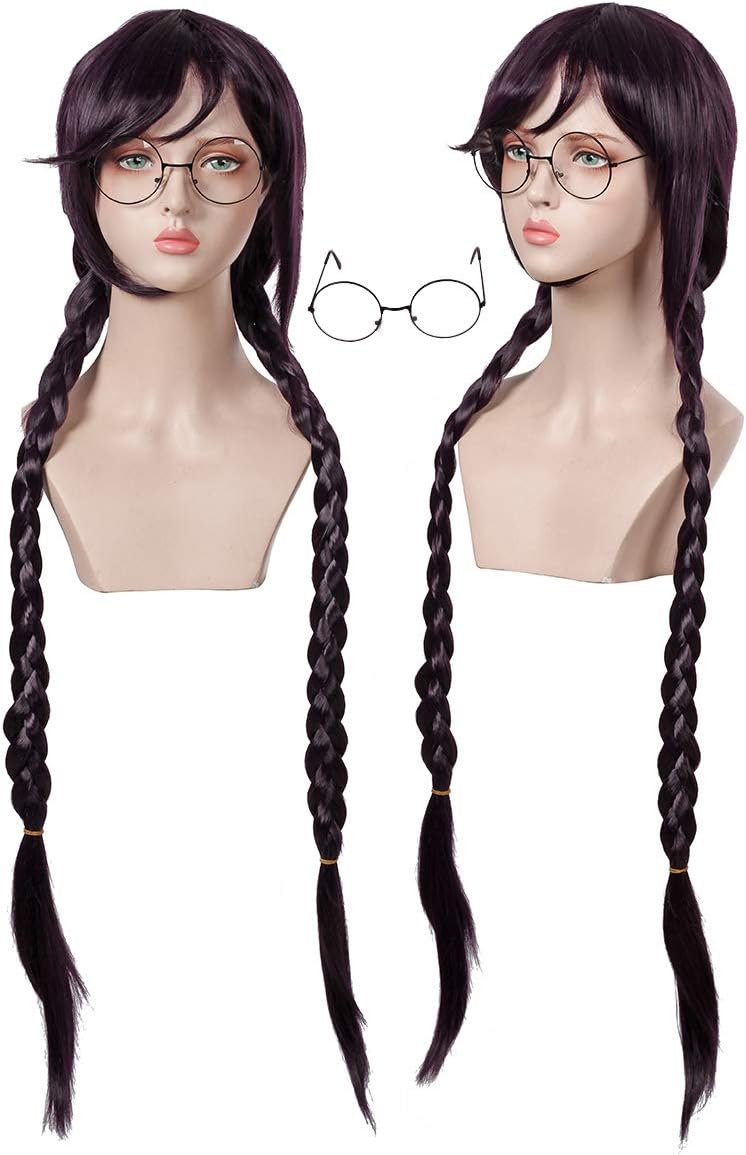 ColorGround Long Purple Braided Cosplay Wig with 1 Pair of Glasses for Halloween (Long Purple Braids)