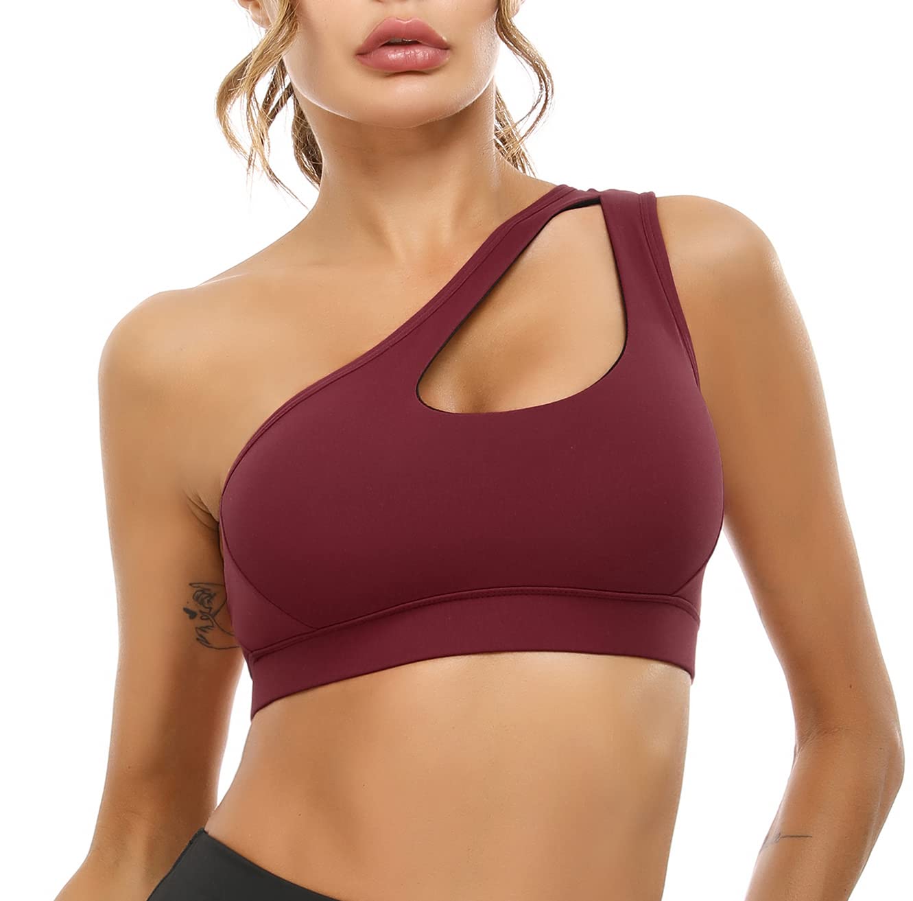 Sykooria Womens One Shoulder Sports Bras Workout Left Strap Yoga Bras Cute Medium Support Crop Tops